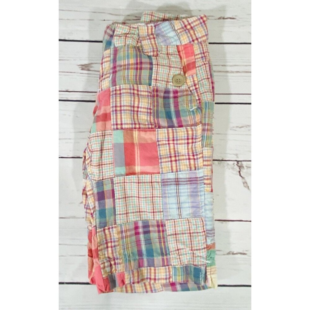 Zoo Plaid Shorts Womens Sz 0 Flat Front 11” Inseam Longer Pink Tan Rolled Cuff - Picture 9 of 10